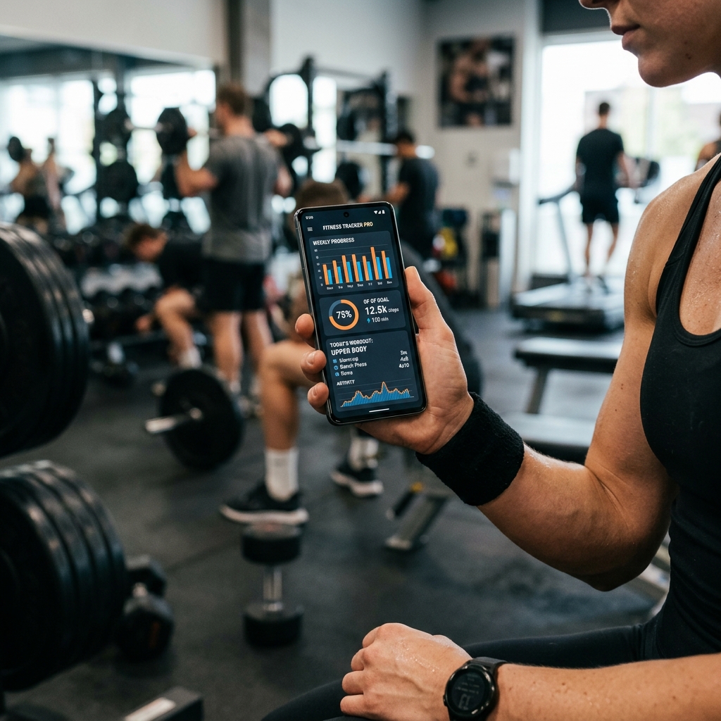 Tela de celular mostrando um treino e análise em vídeo de exercícios